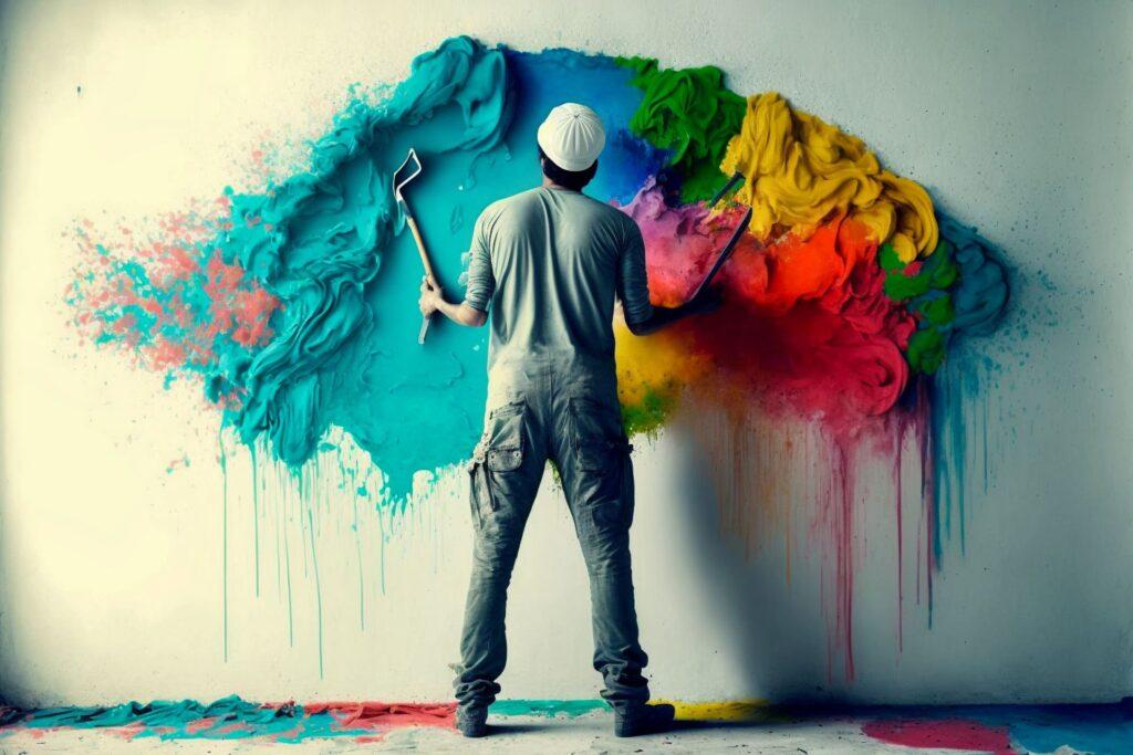 Maler streicht eine weiße Wand bunt mit color splash