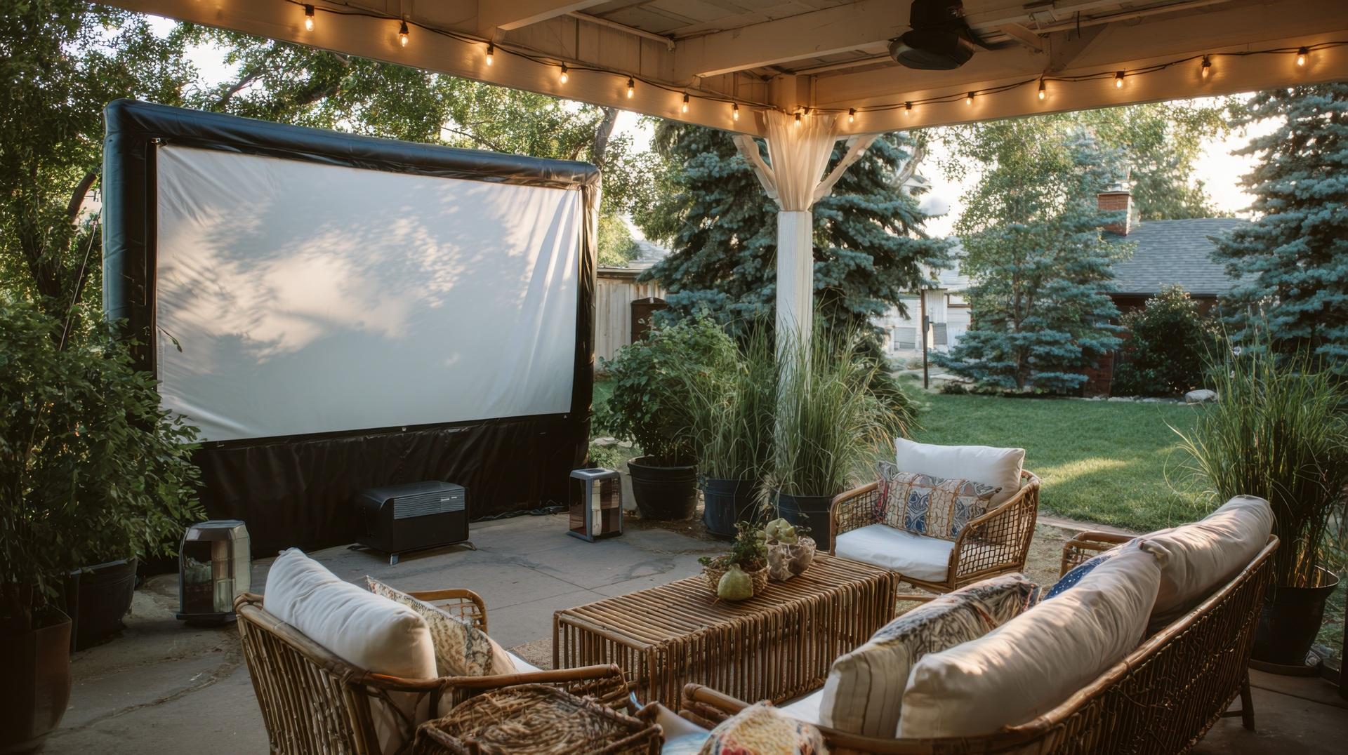 Gemütlicher Außenbereich mit Sitzmöbeln und Leinwand für Filmabende | Terrassenüberdachung